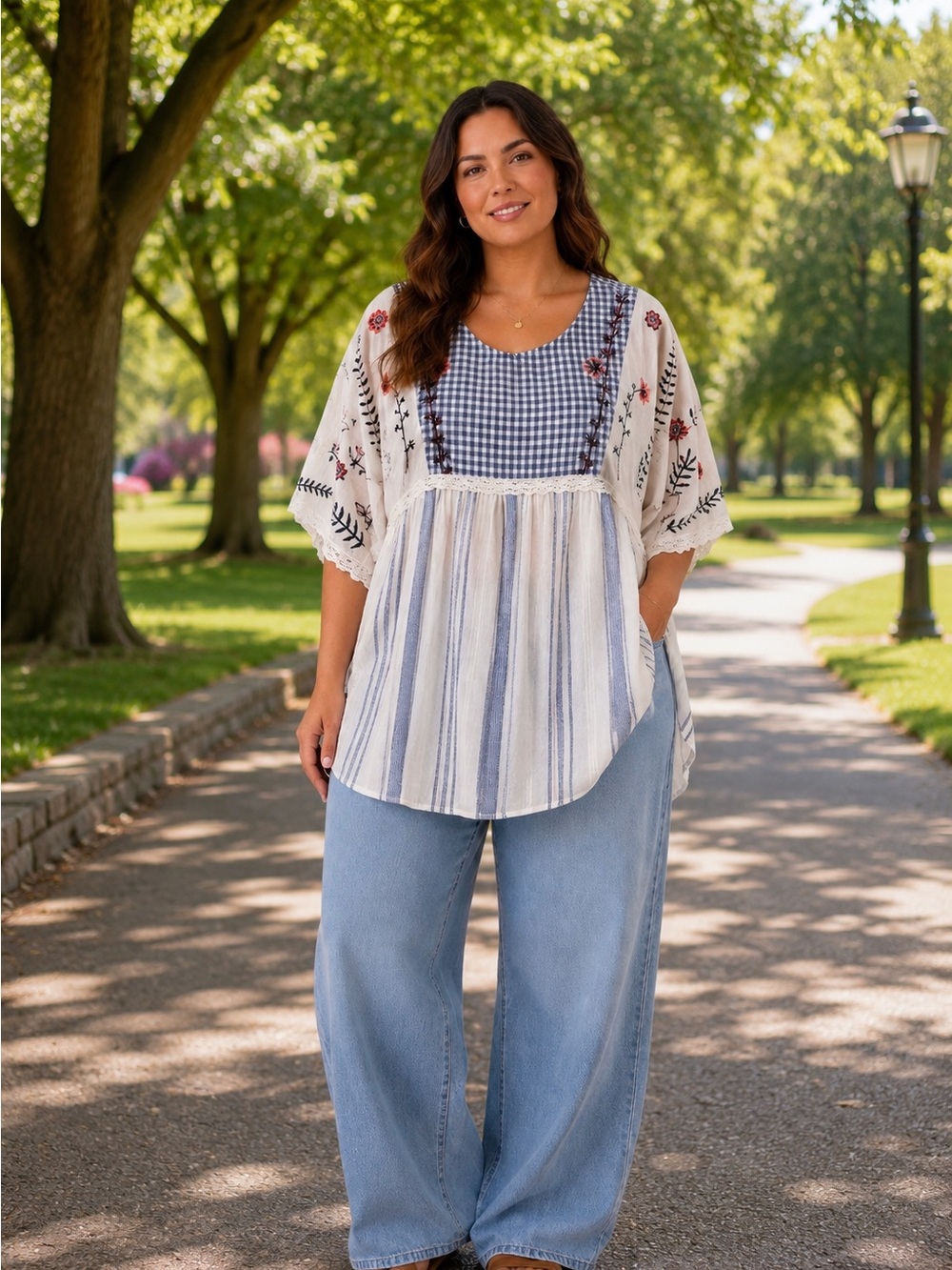 Lavish White Tunic with Blue Gingham & Stripes